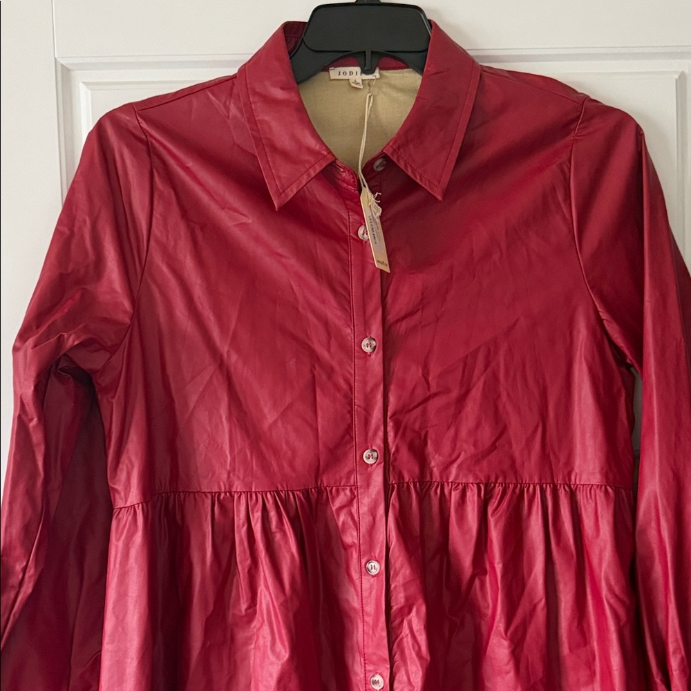 JODIFL Deep Red Button-Front Long Sleeve Shirt Dress